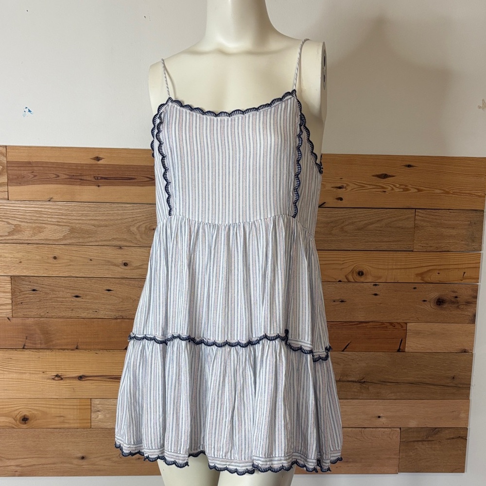 Urban Outfitters White Striped Tiered Midi Dress with Navy Trim